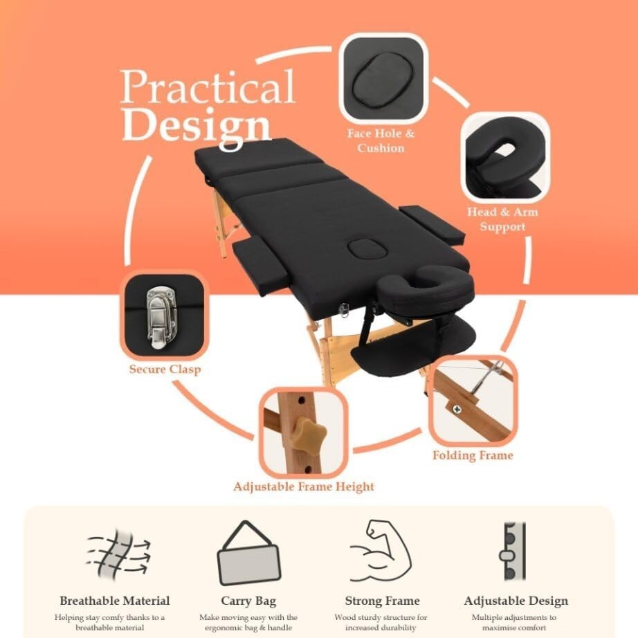 Portable Massage Table 3-Section Folding Therapy Bed Backrest Face Cradle Black