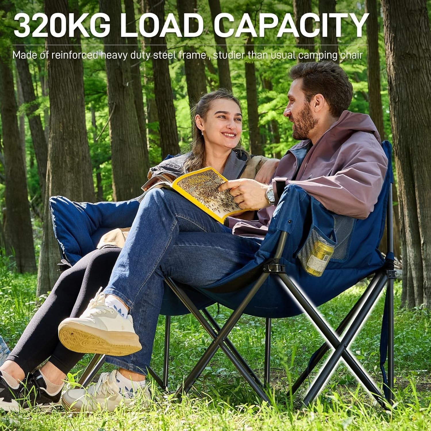 320kg Capacity Double Folding Camping Chair Outdoor Sofa Seat Portable
