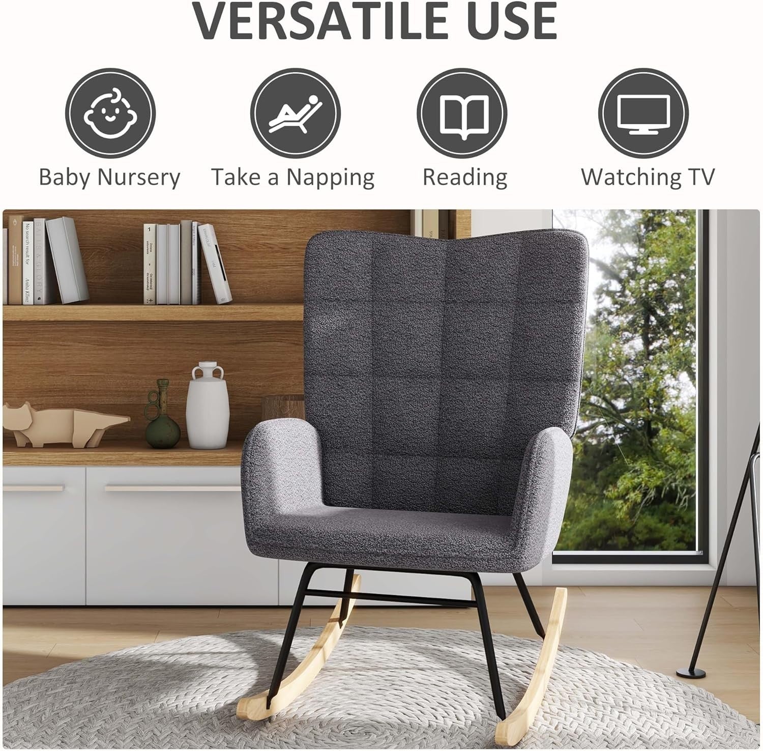Fleece Wingback Rocking Chair with Wood Base – Comfy Lounge Armchair