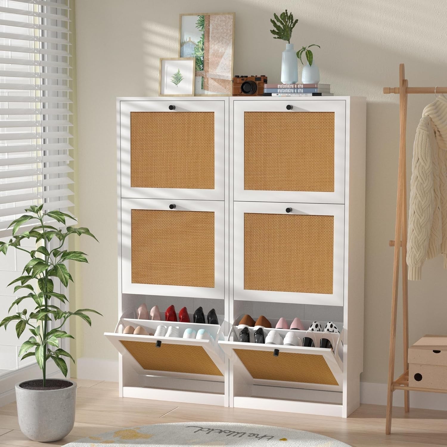 White Rattan Shoe Cabinet 3 Door Slim Storage Cupboard – Hallway Entryway