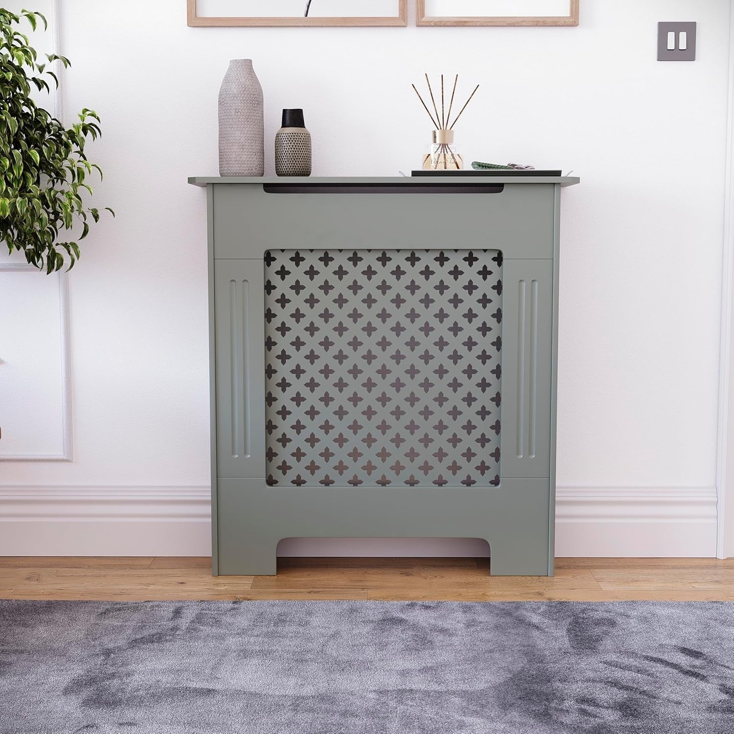 Small Olive Grey Radiator Cover 82x78x19cm Cross Pattern MDF Heating Cabinet
