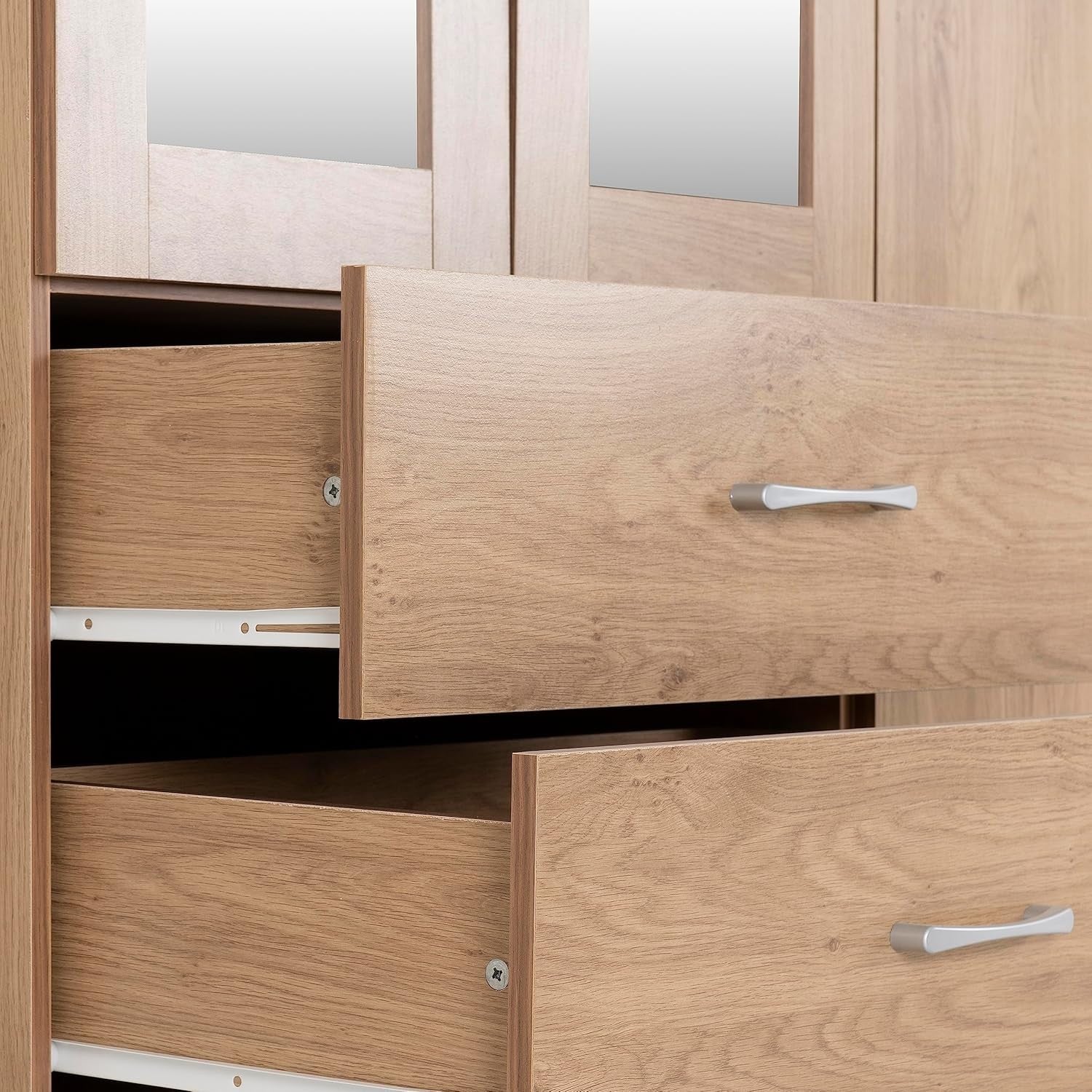 4 Door Mirrored Wardrobe Oak Effect Storage Drawers Modern Bedroom