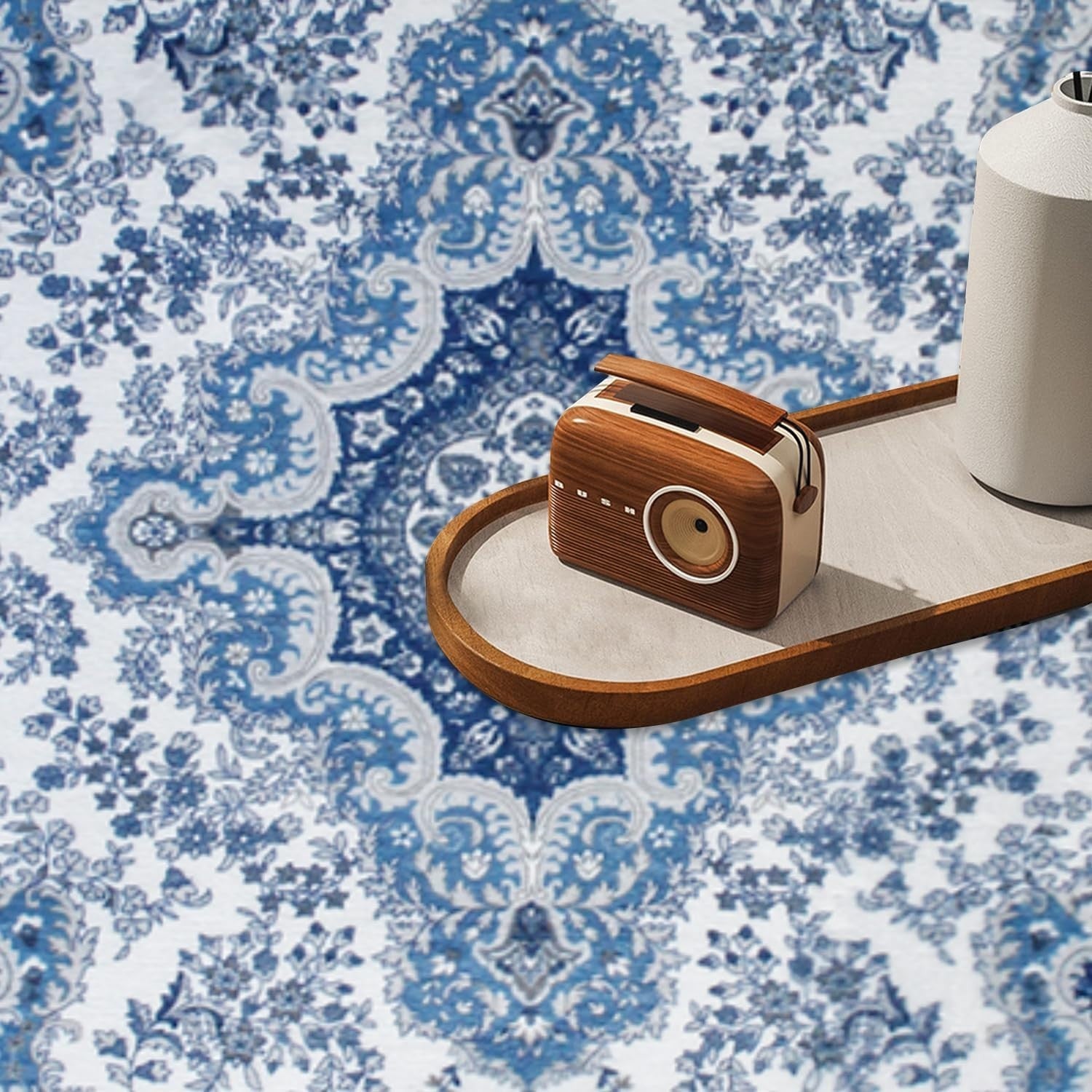 Blue Vintage Distressed Area Rug 200x290cm Large Low Pile Living Room Carpet