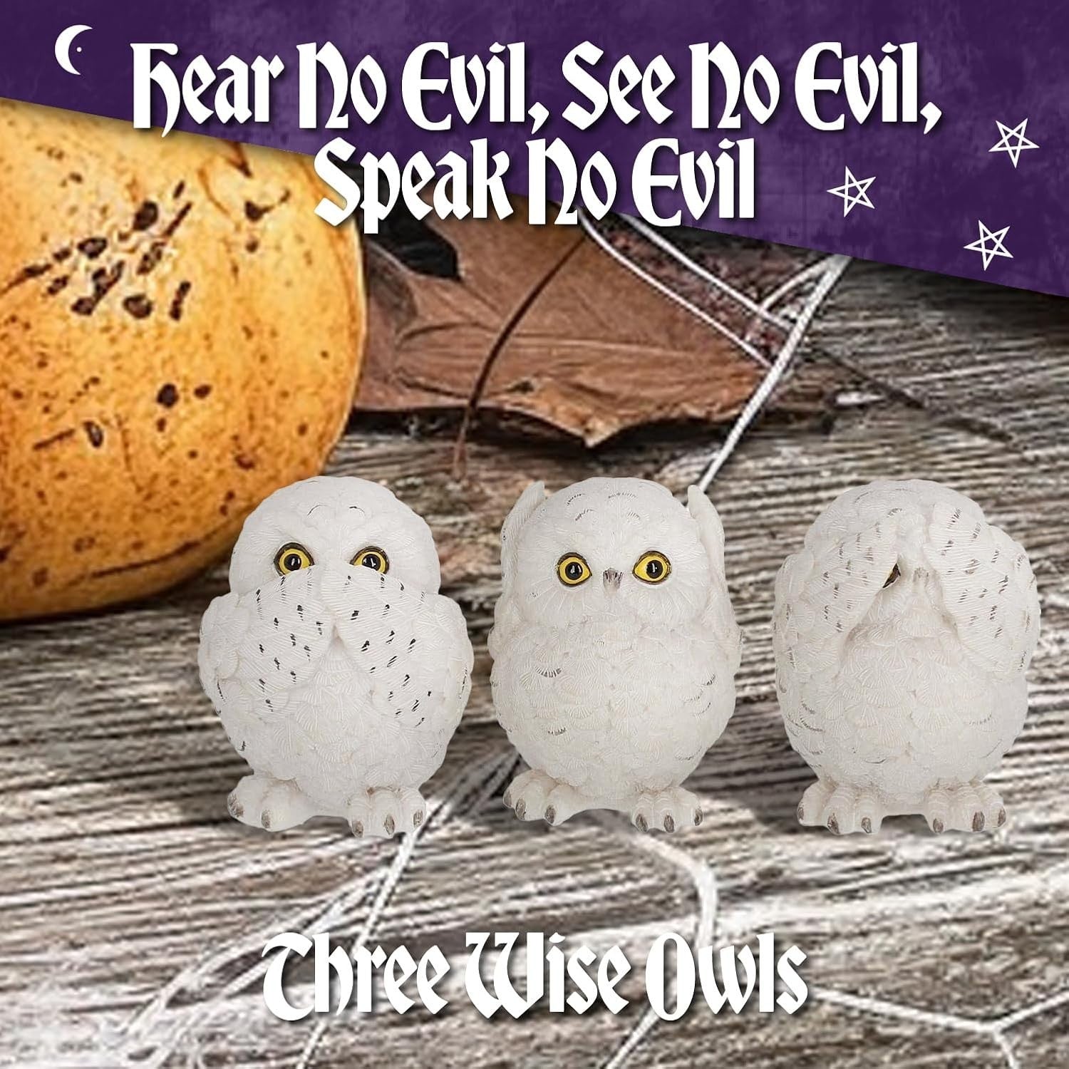 Three Wise Owl Figurines Resin 8cm White Ornament Set Cute Home Gift Decor