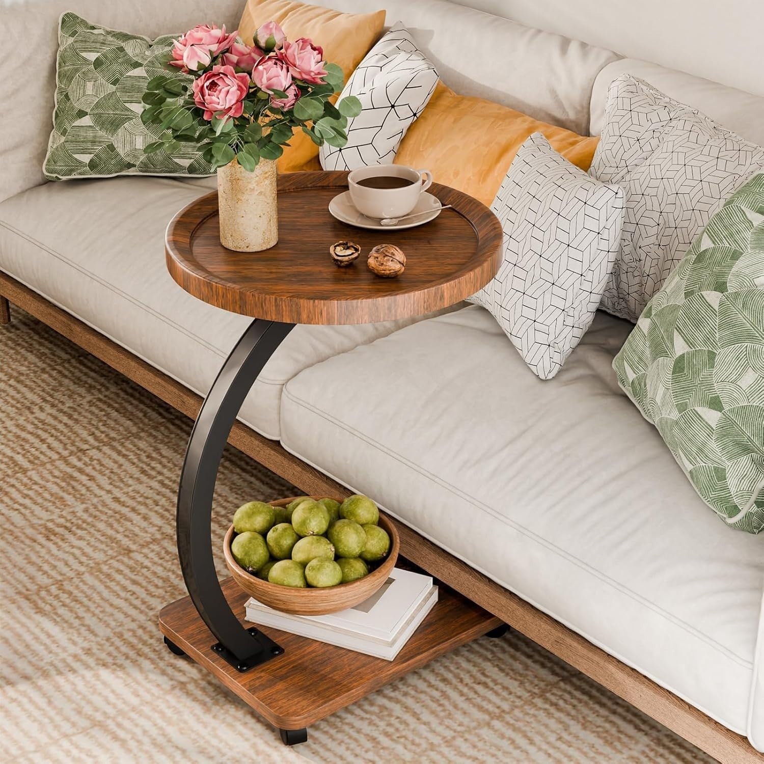 2-Tier C-Shaped Round Side Table with Casters Modern Small Sofa Desk