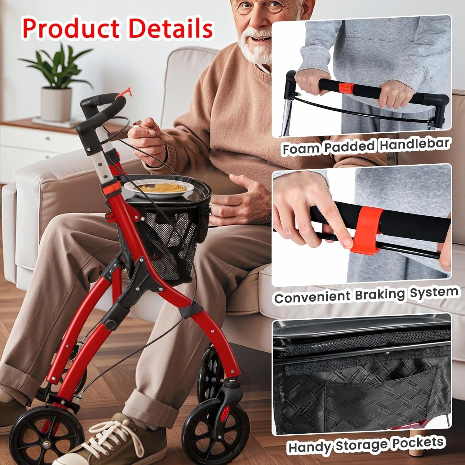 4 Wheel Rollator Walker Lightweight Folding Walking Brakes Tray