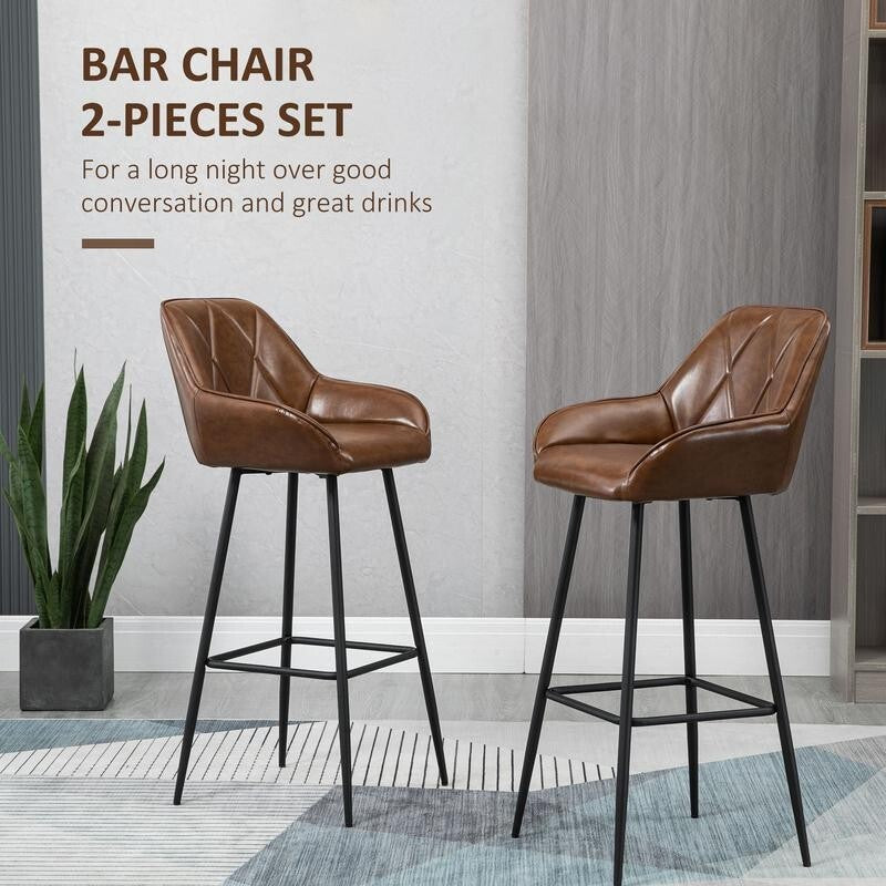2x Faux Leather Bar Stools with Backrest Footrest Steel Legs for Home Bar