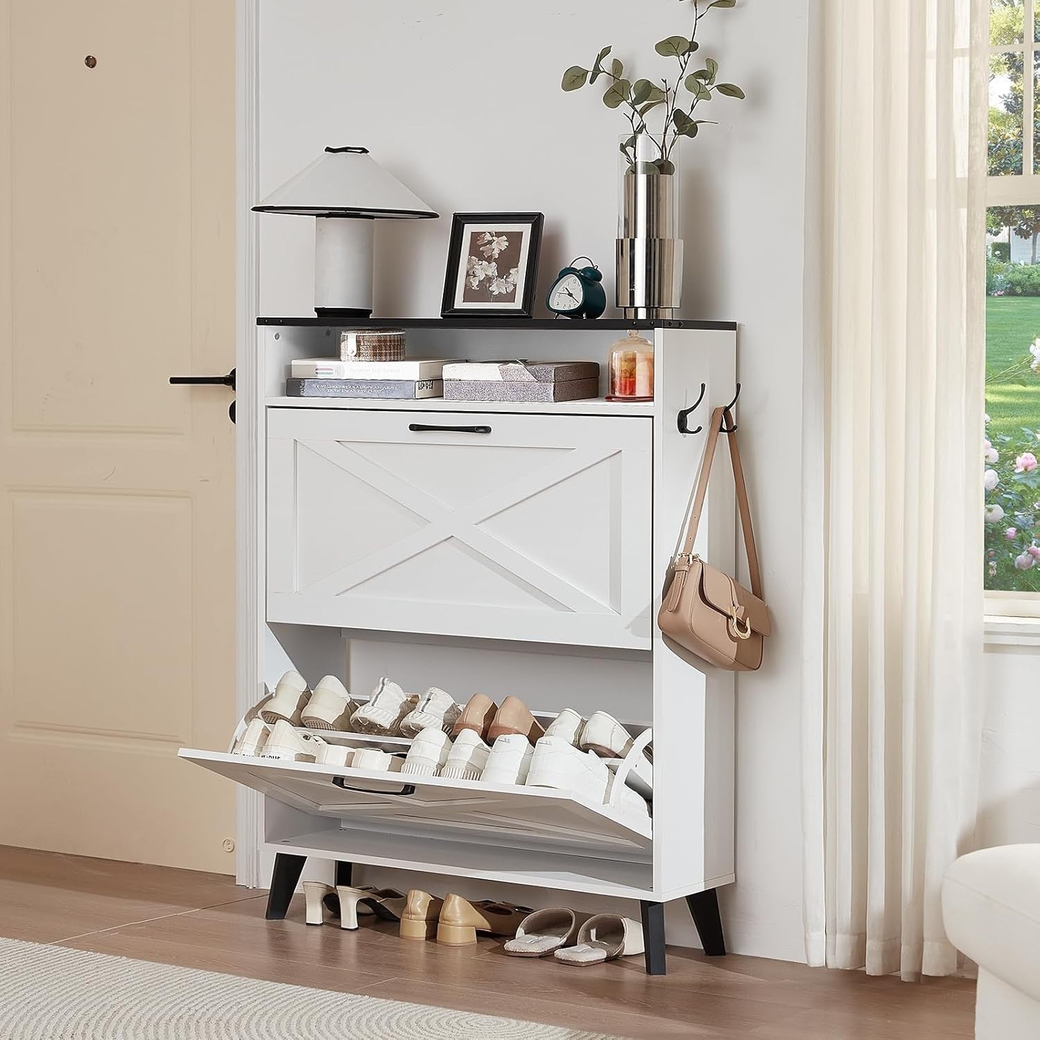 Slim White Two-Flip Door Shoe Cabinet – Space-Saving, Anti-Tip Design