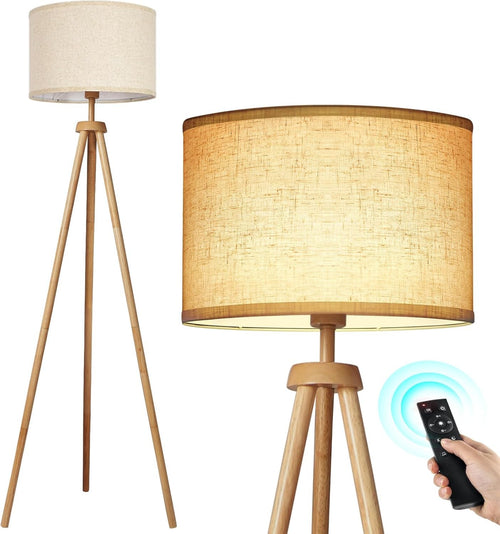 Wooden Tripod Floor Lamp Remote Dimmable LED Linen Shade Standing