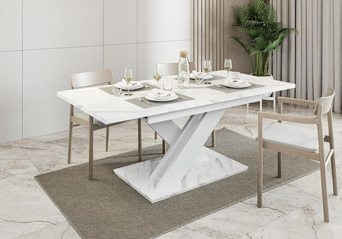 White Marble Gloss Extendable Dining Table 140–180cm Space Saving