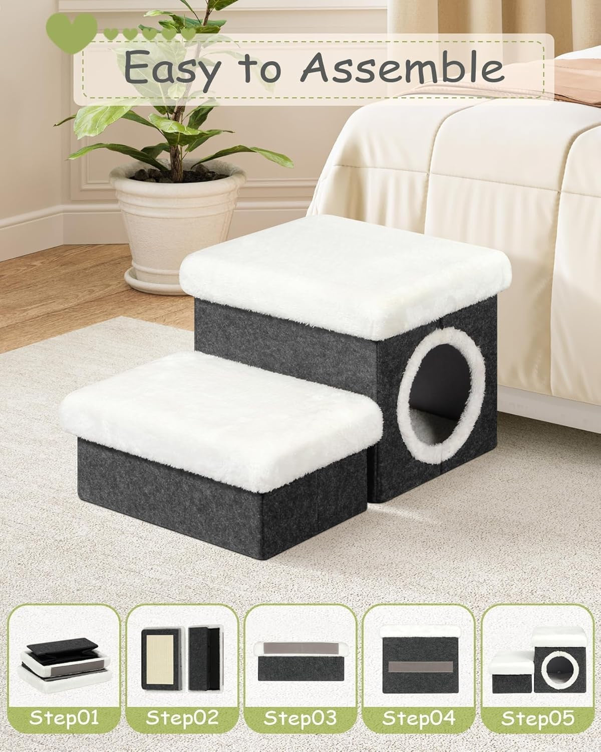 Foldable Cat & Dog Stairs 2-Tier Pet Steps with Storage 58x40x32cm