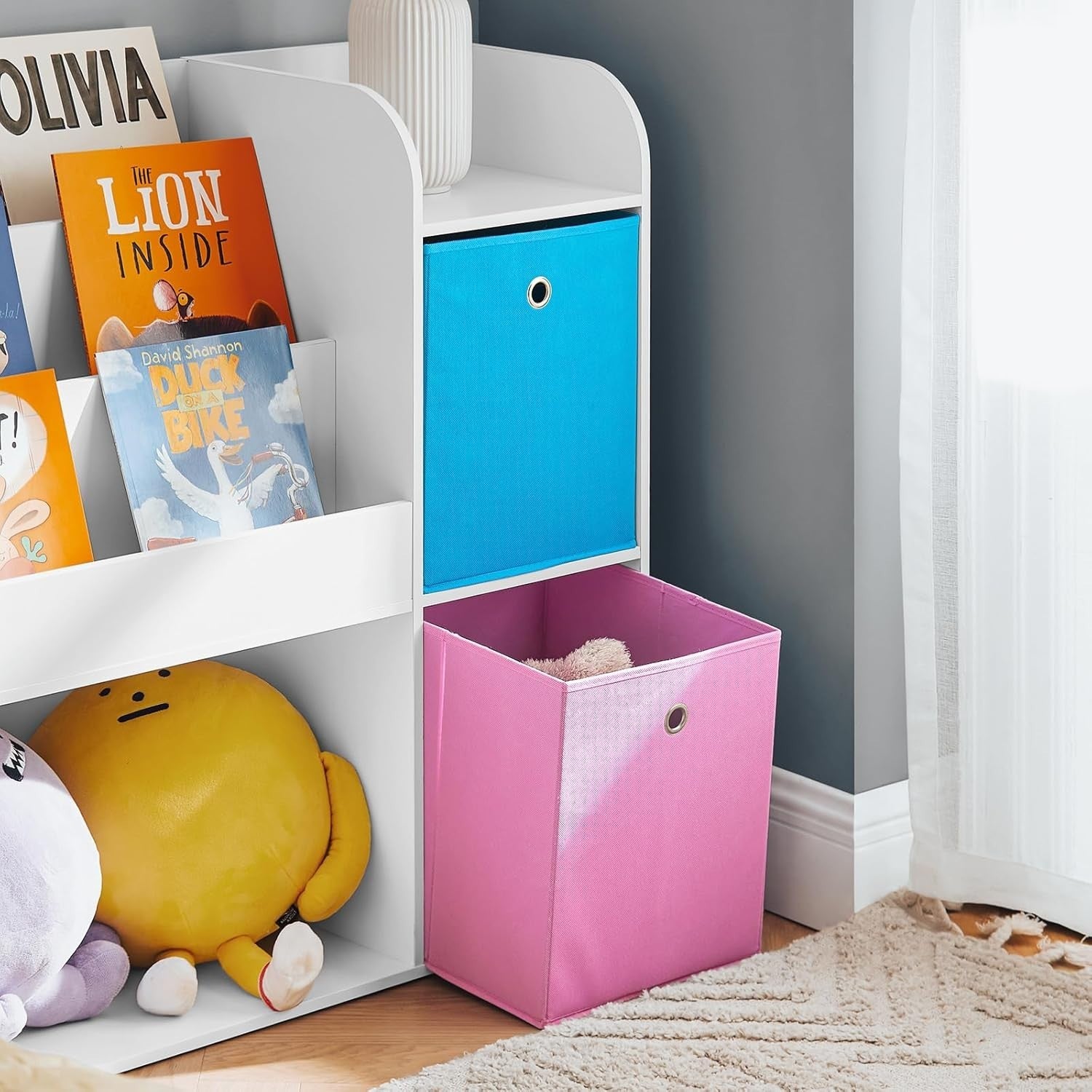 Kids Bookcase with 3 Shelves & 2 Fabric Drawers, Toy Storage Rack Pink Blue