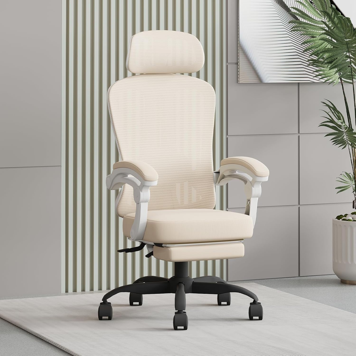 Ergonomic Office Chair Mesh Swivel Desk Chair Reclining Footrest Beige