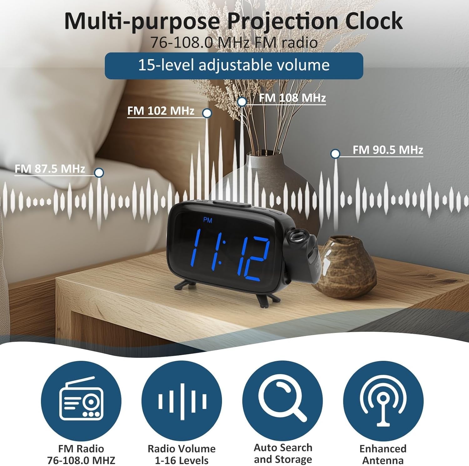 Projection Alarm Clock Large LED USB Charger Dual Alarm Snooze Dimmer