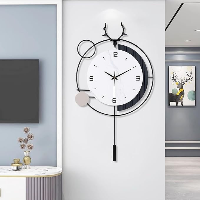 Modern Large Pendulum Wall Clock 25in Silent Quartz Metal Deer Design Home