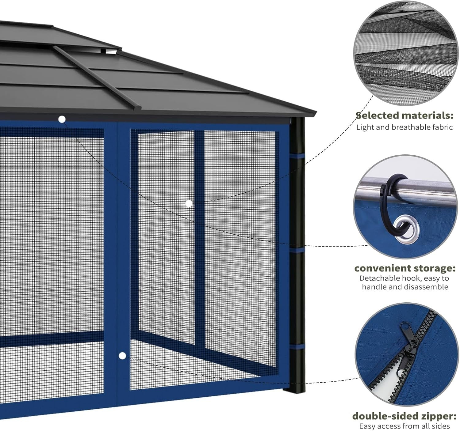 10x10ft Navy Blue Gazebo Mosquito Netting 4 Panels Zipper Sidewalls Outdoor