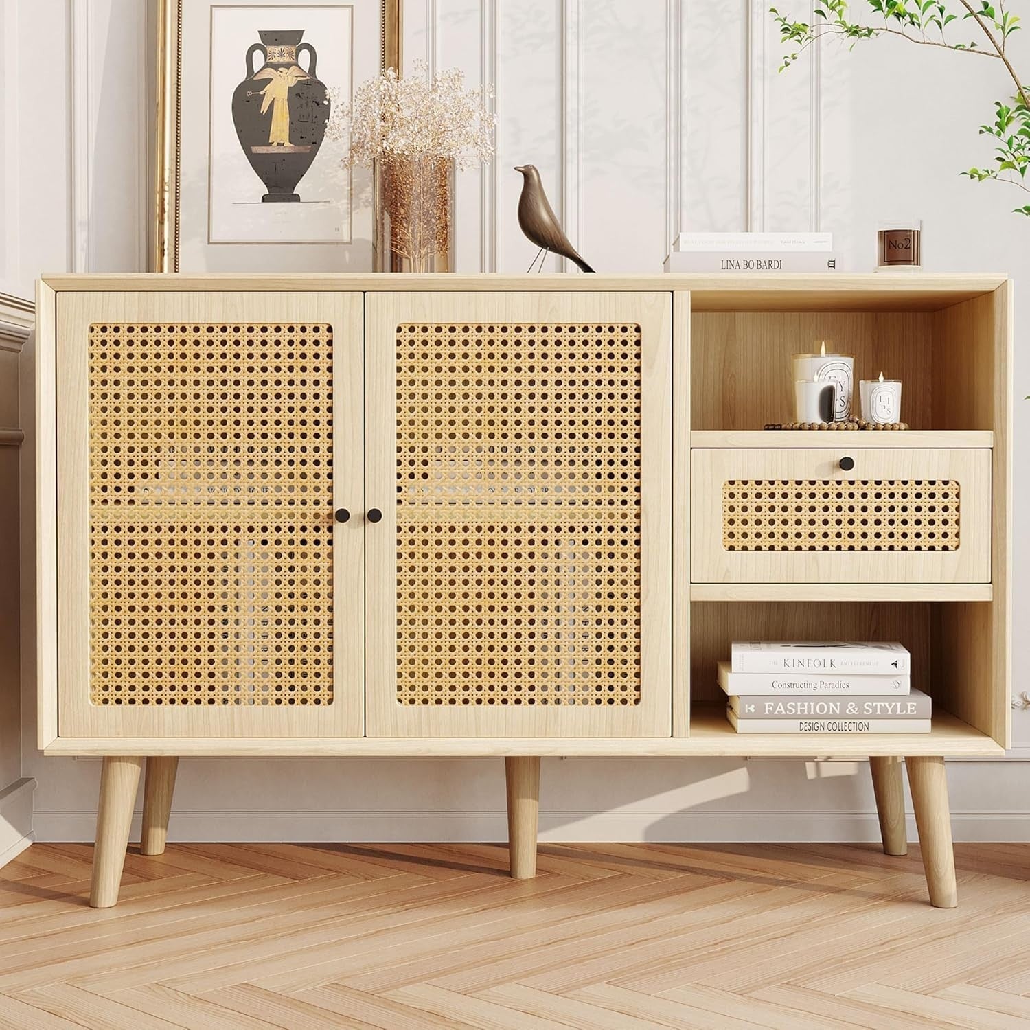 Modern Rattan Sideboard Cabinet Storage Unit Drawers Light Oak Wood