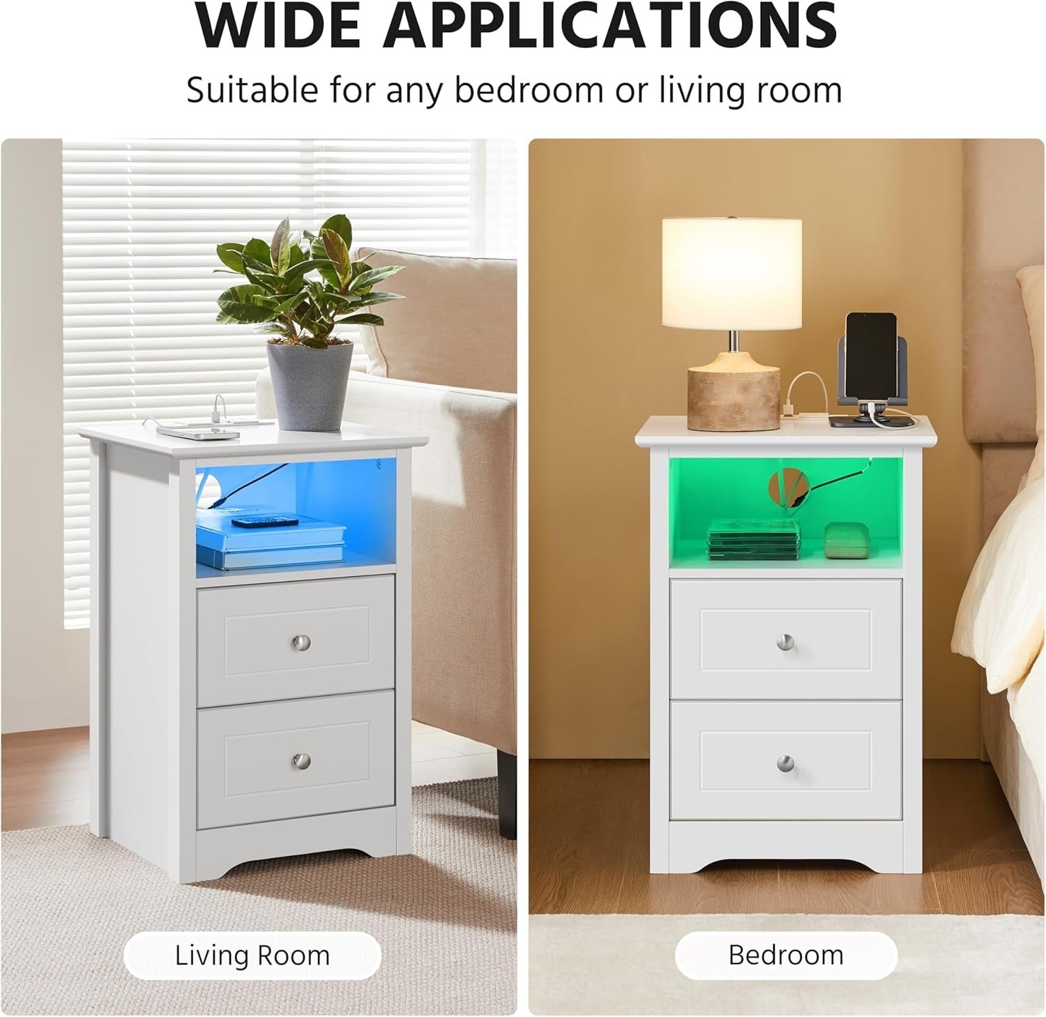 Set of 2 LED Bedside Tables with USB Charging Ports | Modern White Nightstands