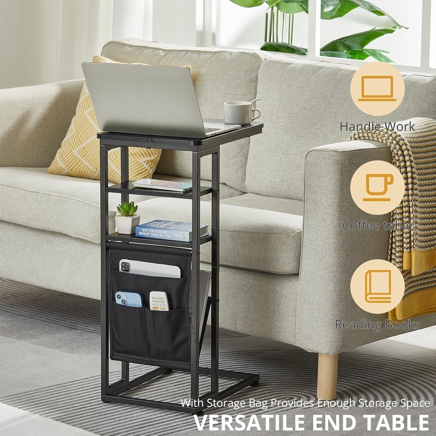 Slim Ink Black C-Shaped End Table with Storage Bag | Adjustable Metal Frame