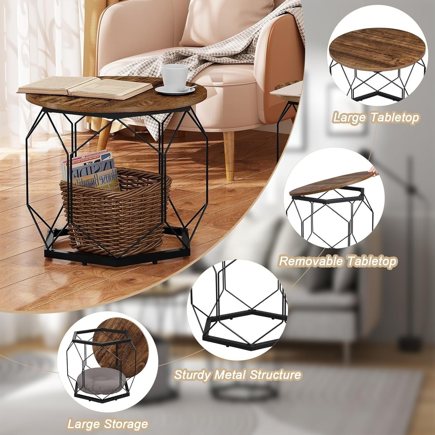 Set of 2 Round Coffee Tables with Storage Shelves, Sturdy Metal Frame