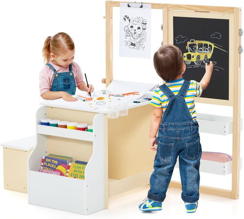 Kids 3 in 1 Art Table and Bench Set with Easel Bookshelf White Natural