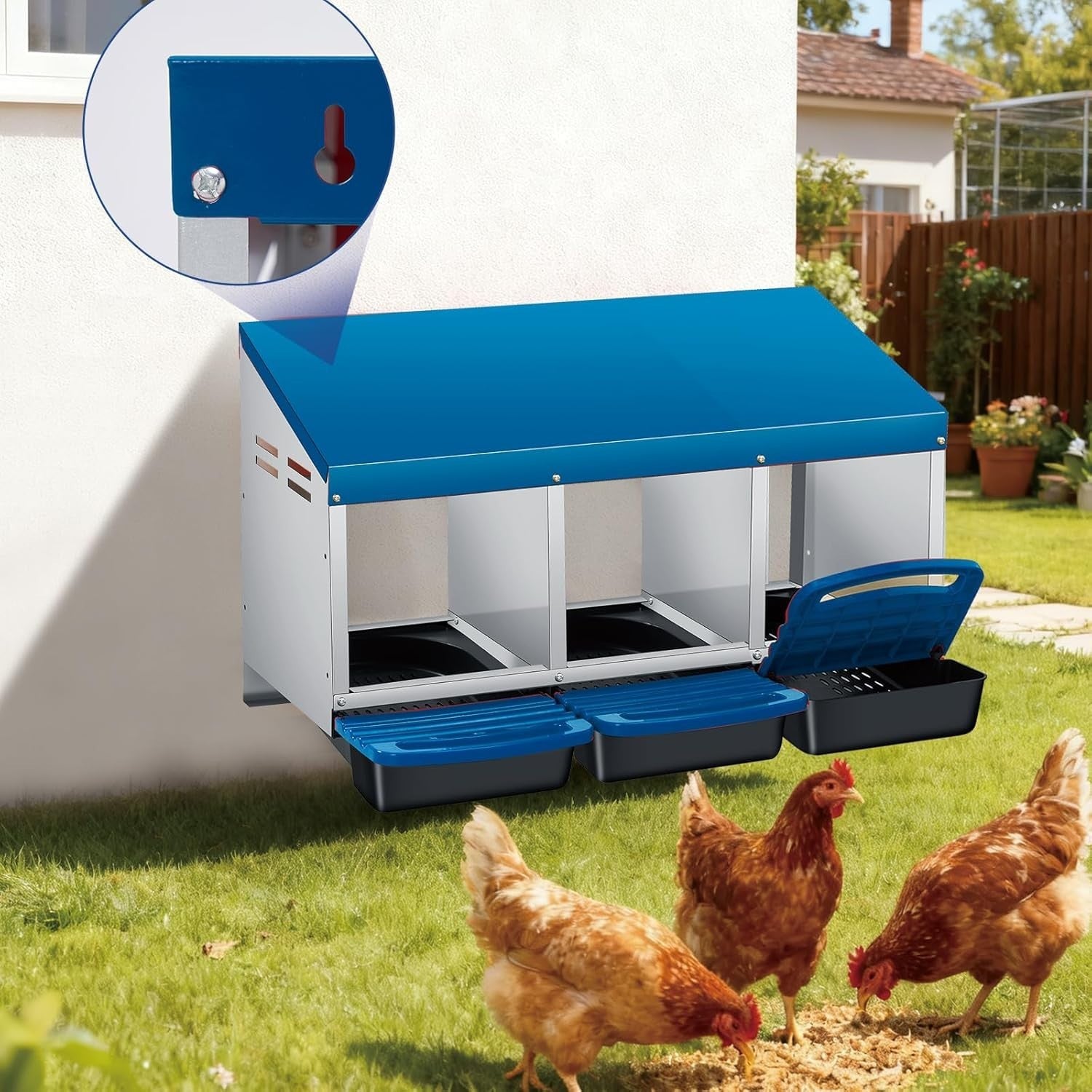 3 Chamber Galvanised Steel Chicken Nest Box Pull Out Tray