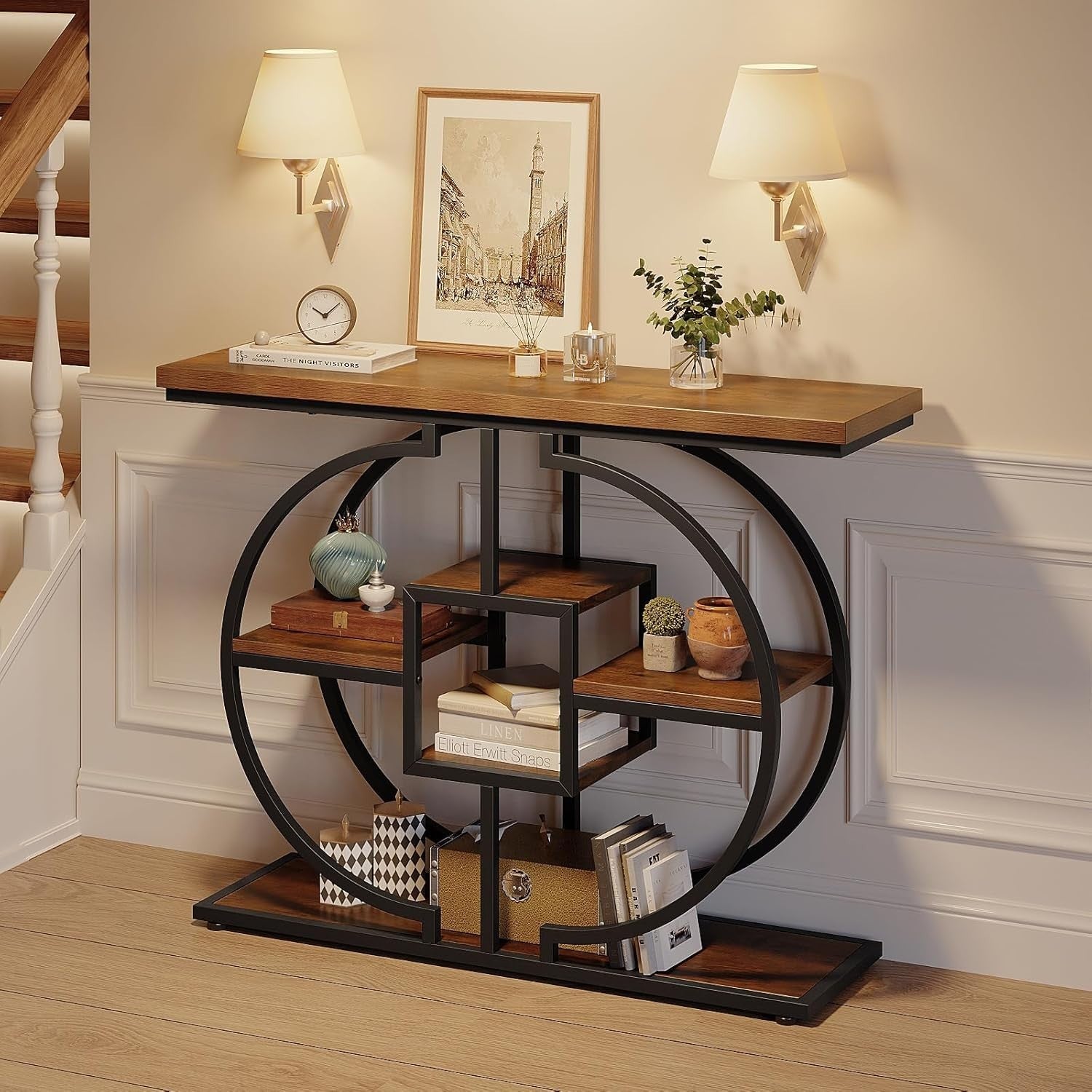 Rustic Industrial Console Table with 4-Tier Storage Shelves, 30D x 105W x 80H cm