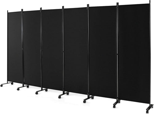 6 Panel Black Folding Room Divider Privacy Screen on Wheels for Home Office