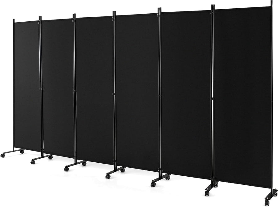 6 Panel Black Folding Room Divider Privacy Screen on Wheels for Home Office