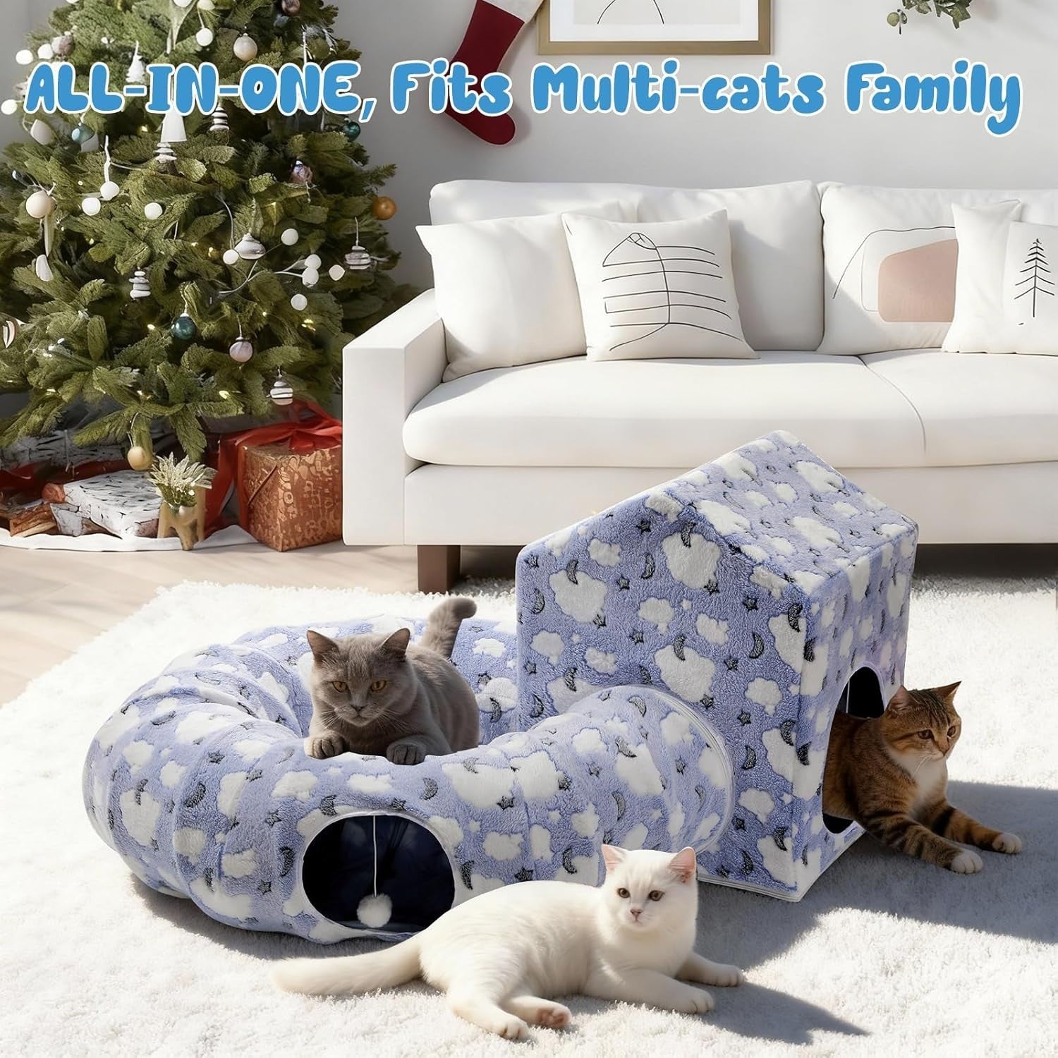 Cat Tunnel Bed Donut Play Tunnel w House Peekaboo Cave Washable Blue