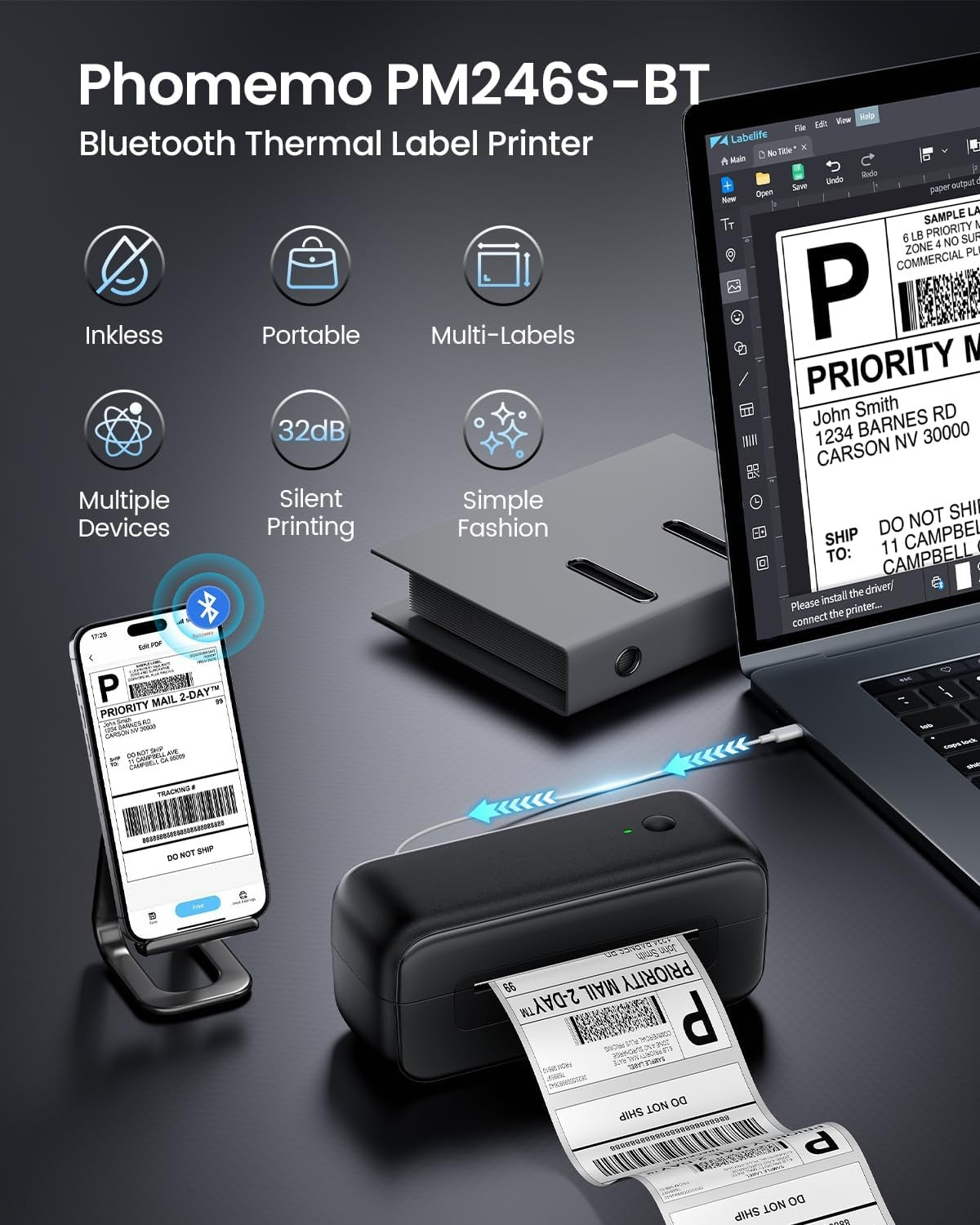 Bluetooth Thermal Shipping Label Printer 4x6 USB