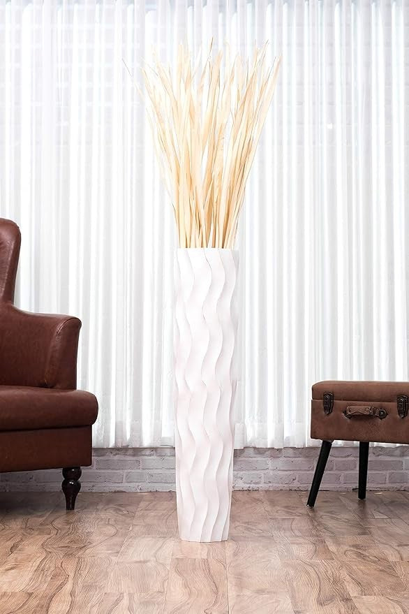 Large White Floor Vase 85cm Tall Wooden Decorative Vase for Pampas Grass