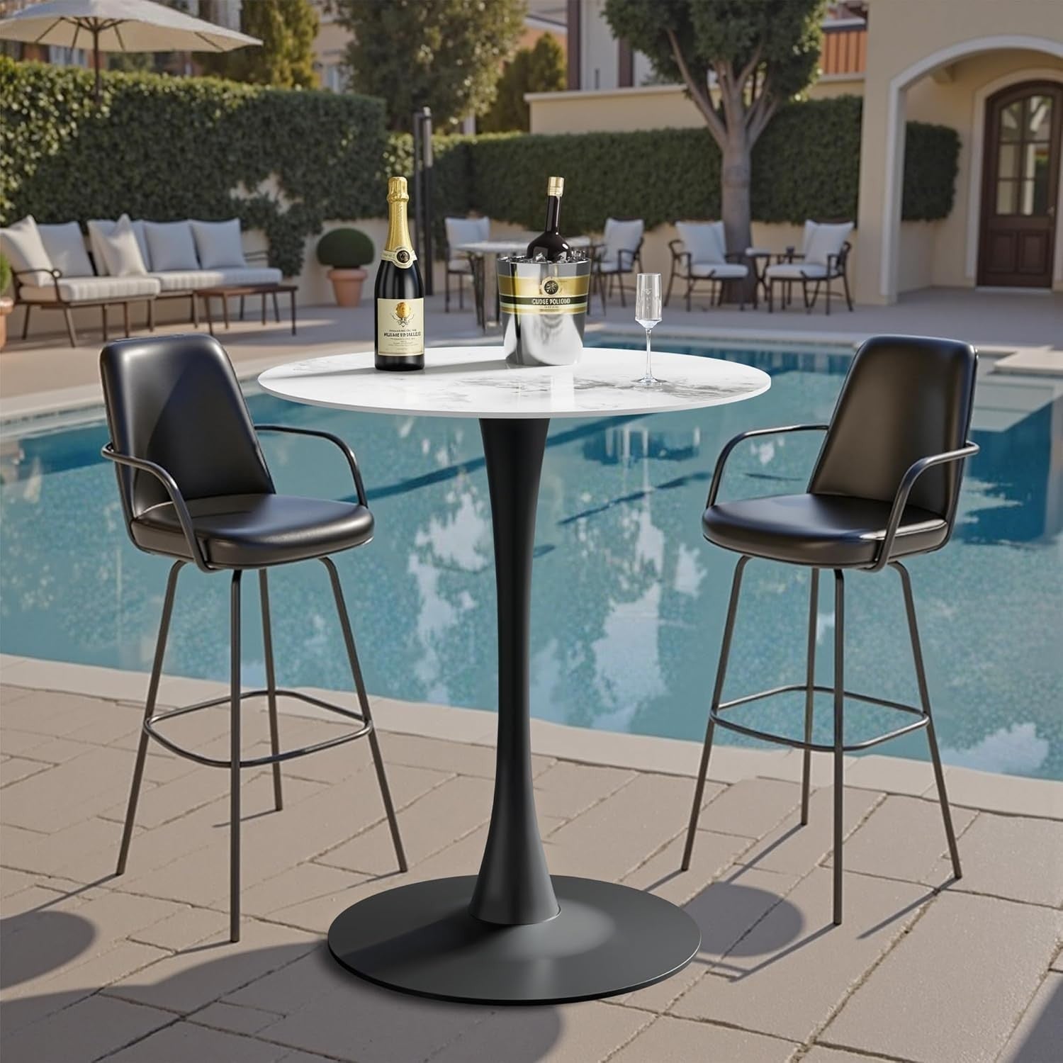 White 76cm Round Tall Bar Table 100cm Sintered Stone Top with Black Metal Base