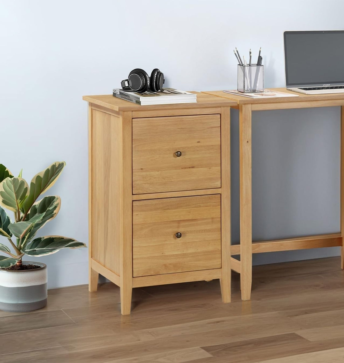 Oak Filing Cabinet 2 Drawer Wooden Office Pedestal Compact Storage