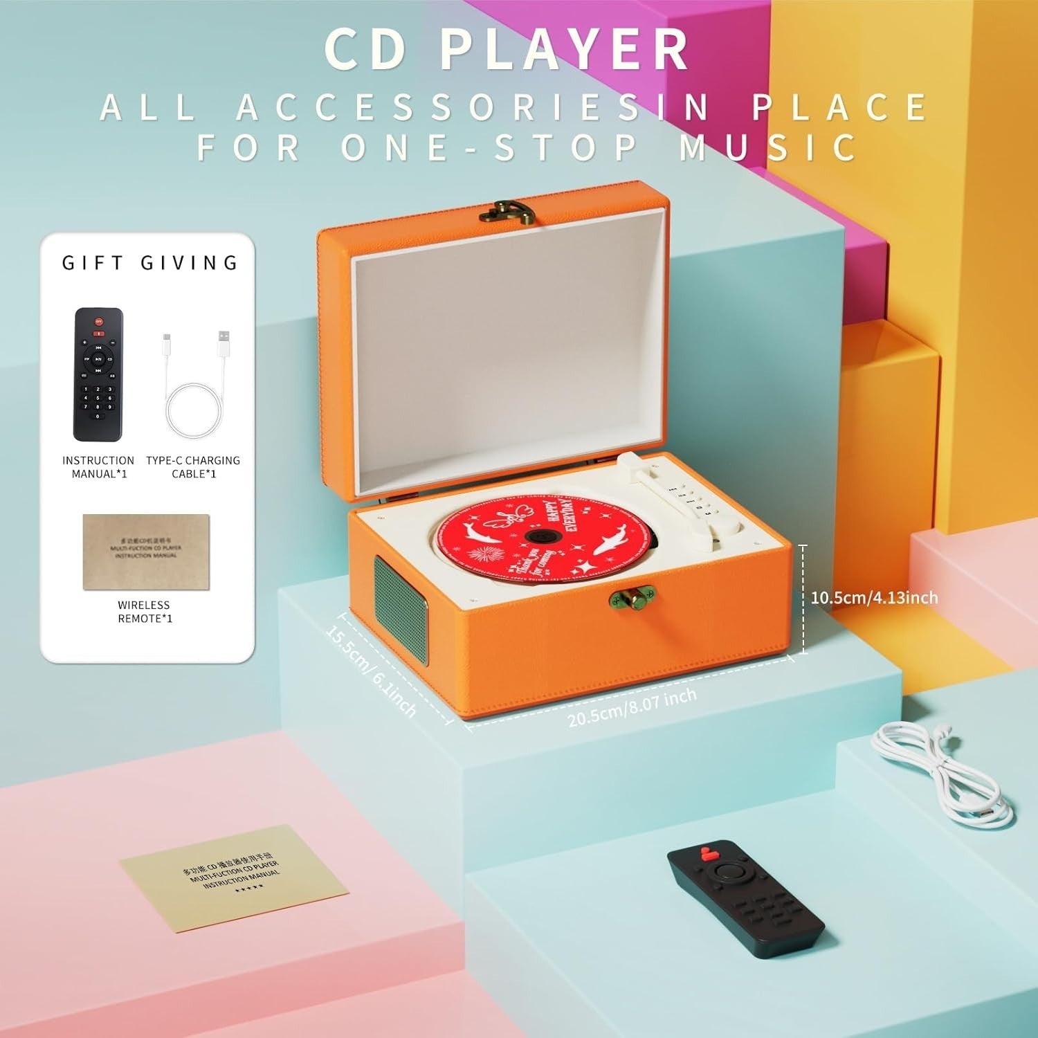 Portable Bluetooth CD Player with Speakers Rechargeable Music Box