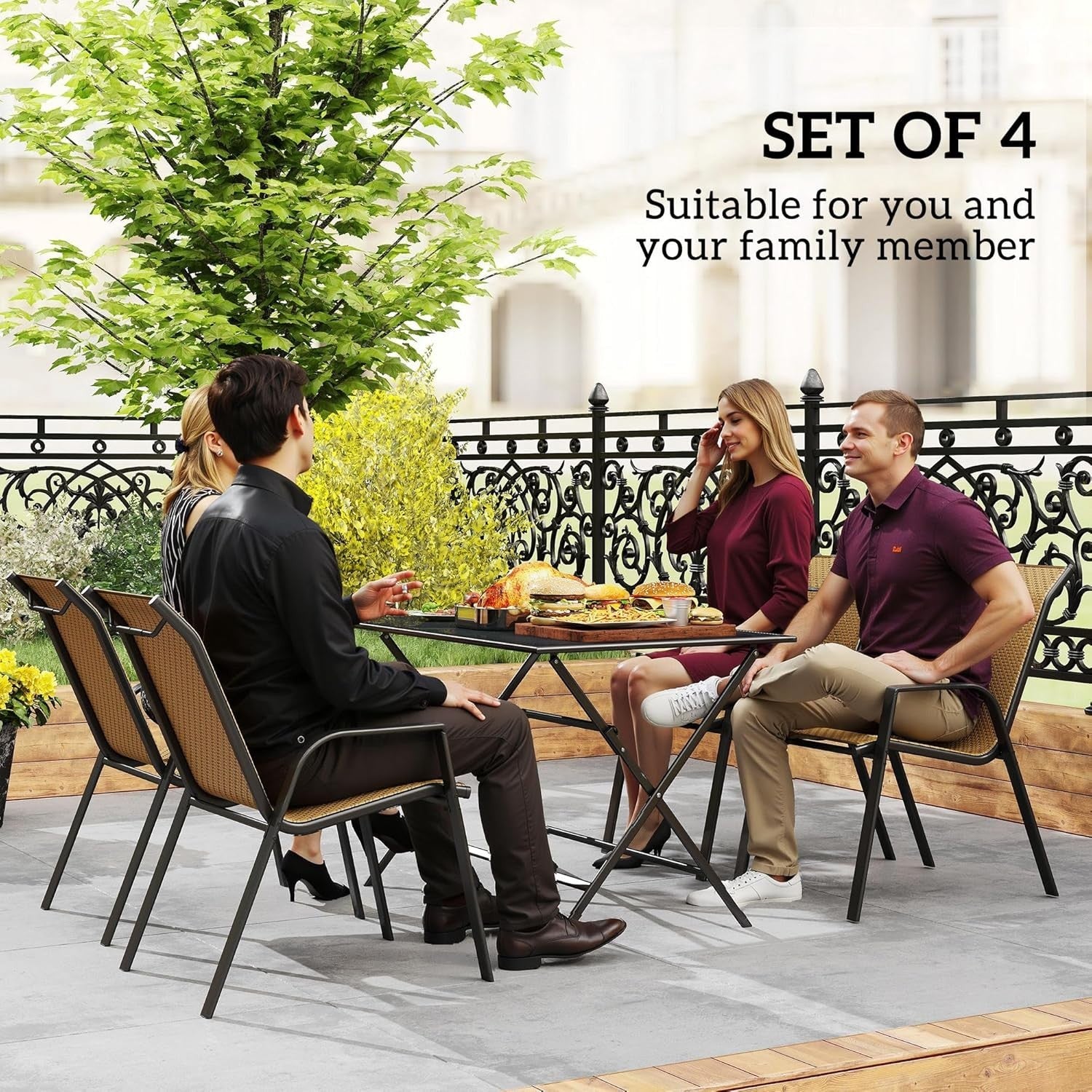 Stackable Rattan Garden Chairs Set of 4 Outdoor Dining Armchairs Patio
