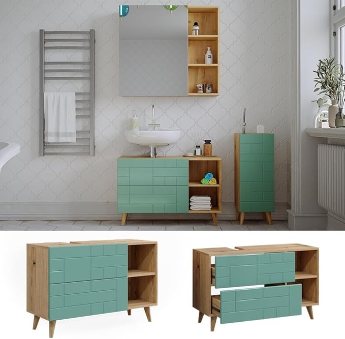 Mint Green Oak Sink Cabinet 90cm Vanity Unit with Drawers & Open Shelf Modern