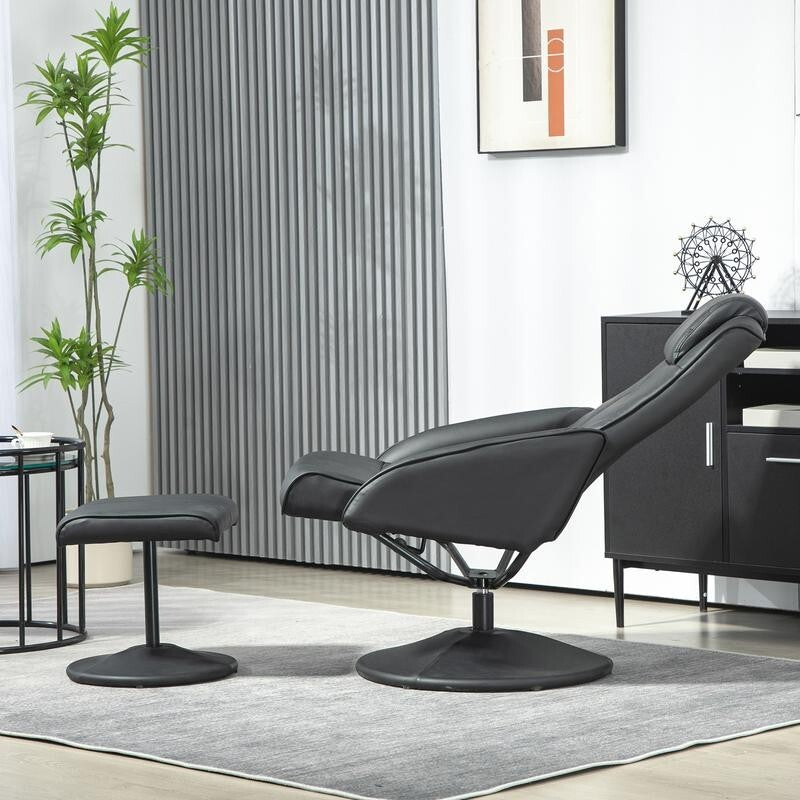 Black Recliner Armchair Chair w/ Footstool Faux Leather Swivel Lounge Set