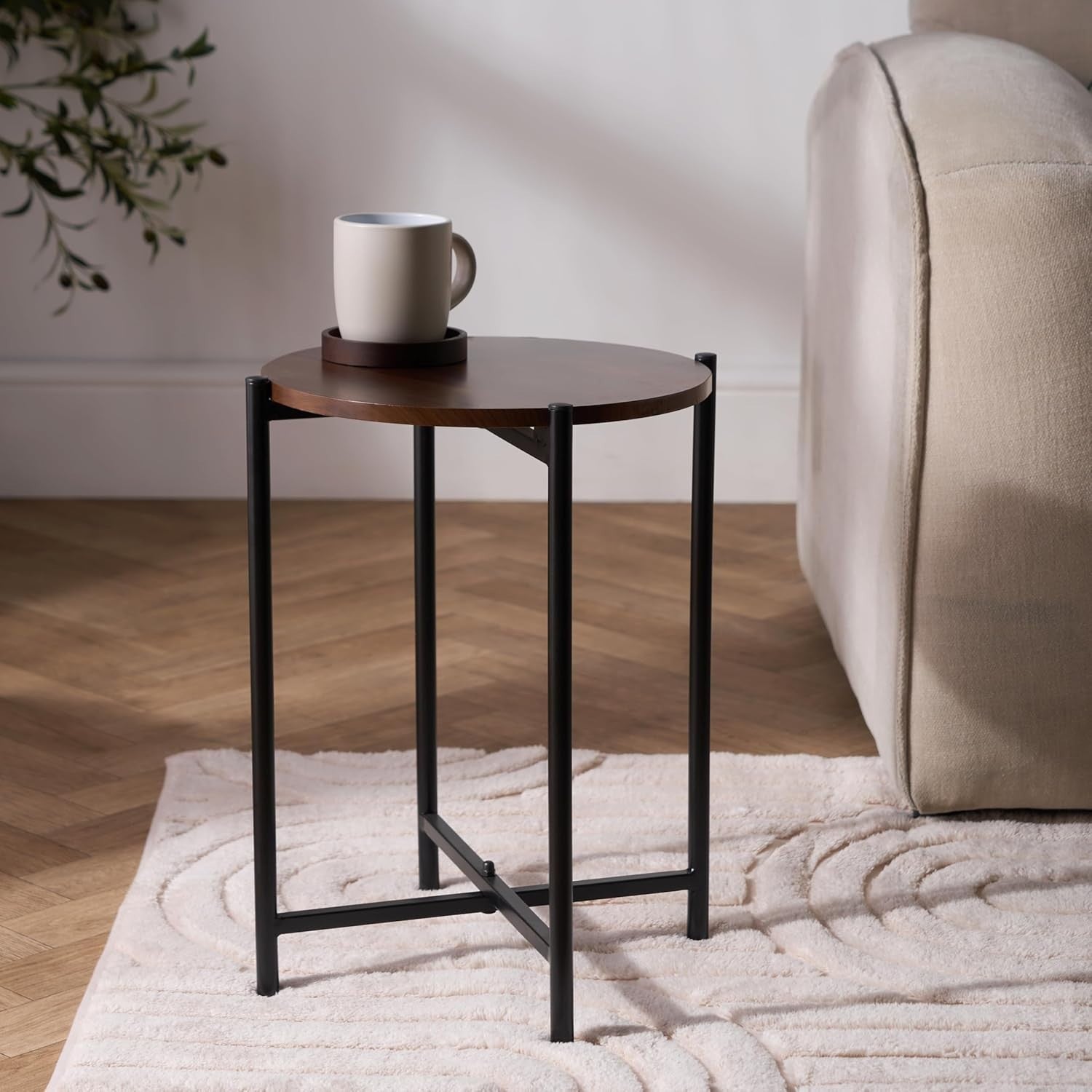 Round Dark Wood Top Side Table Small Coffee End Table for Living Room