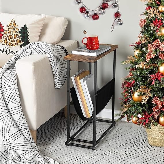 Slim Side Table for Small Spaces with Magazine Holder, Rustic Brown Narrow