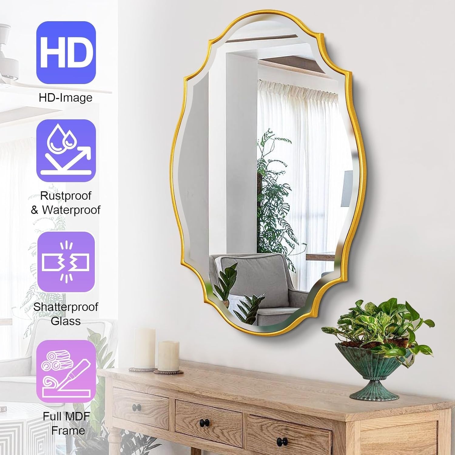 Gold Scalloped Oval Vanity Mirror 91x61cm Elegant Wall Decor for Home