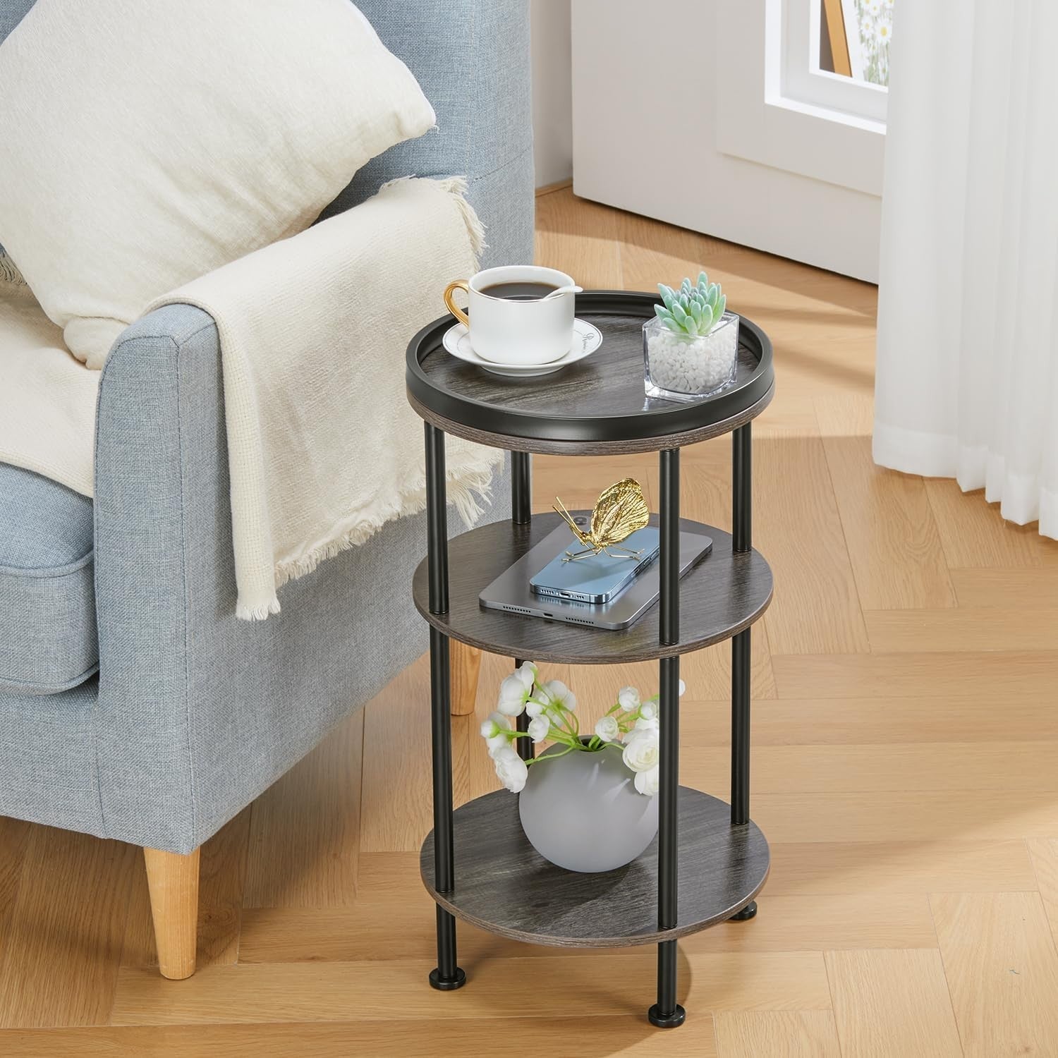 3 Tier Round Side Table with Storage Shelf Metal Frame Small Space Grey 30x55