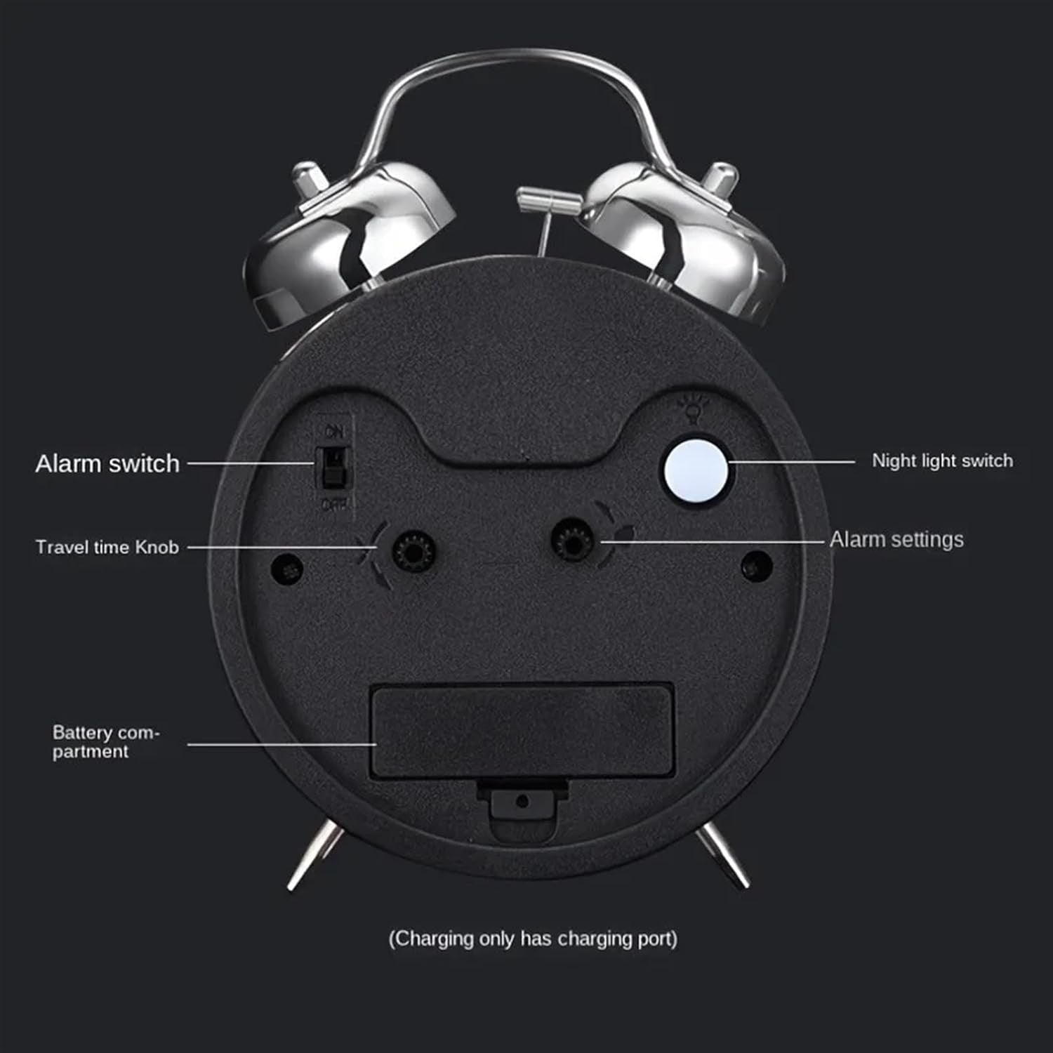 Twin Bell Alarm Clock Loud Silent Non Ticking Metal Retro Heavy Sleepers