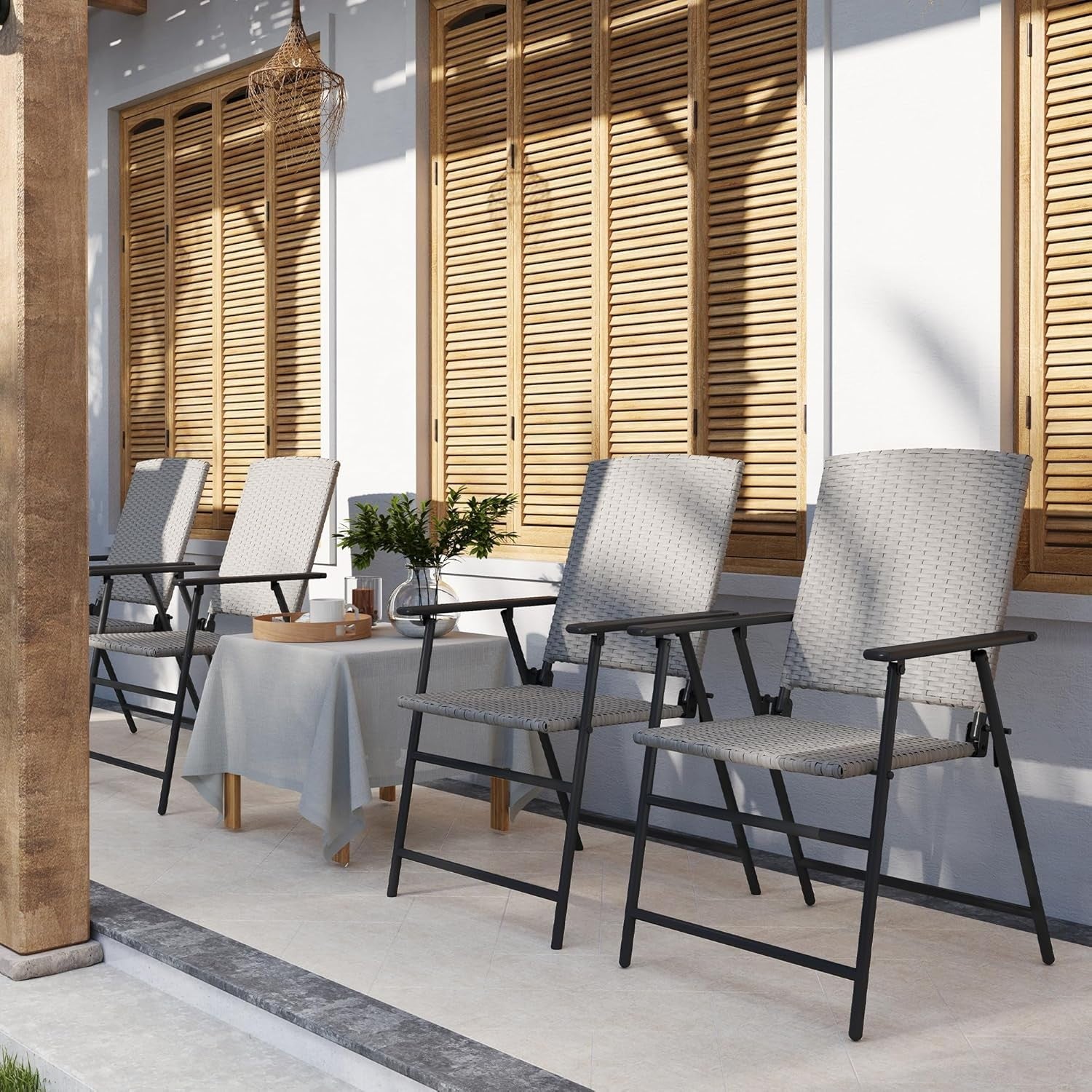Set of 4 Folding Garden Chairs High Back Rattan Patio Dining Seating
