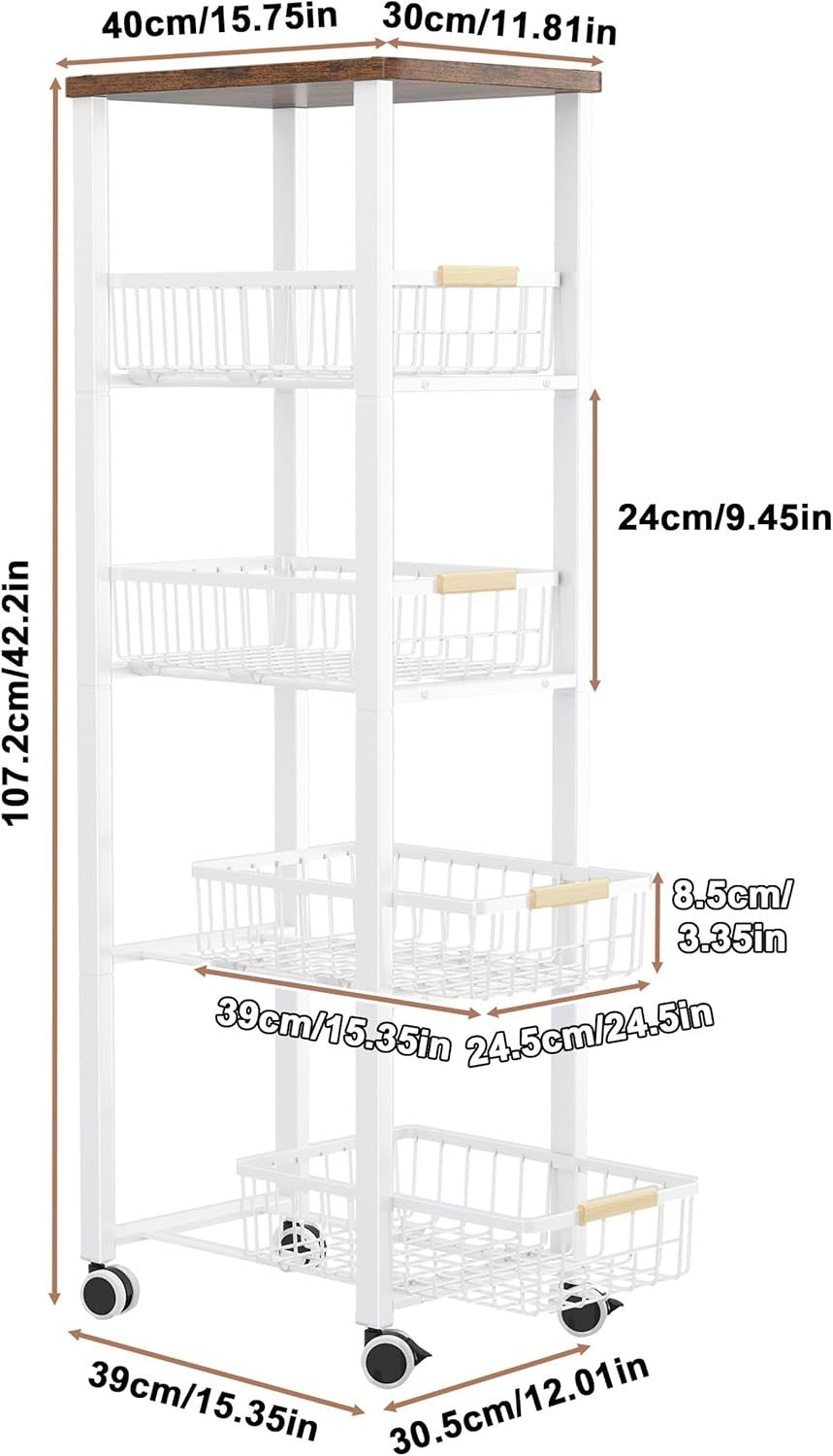 5 Tier Slim Kitchen Storage Trolley on Wheels Wood Top