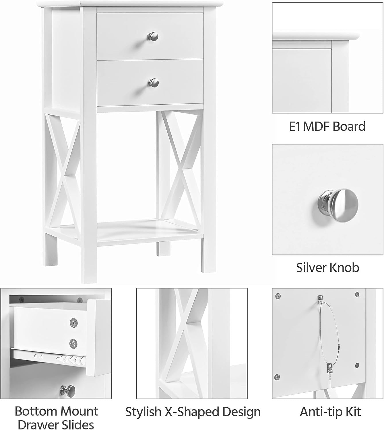 Set of 2 Tall White Bedside Tables with 2 Drawers & Shelf | Slim X-Frame
