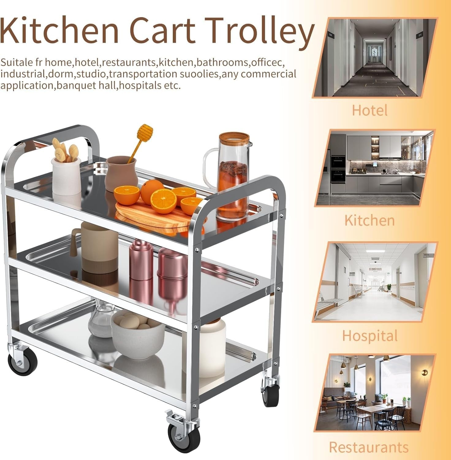 Large Stainless Steel 3 Tier Kitchen Trolley 100kg Cart