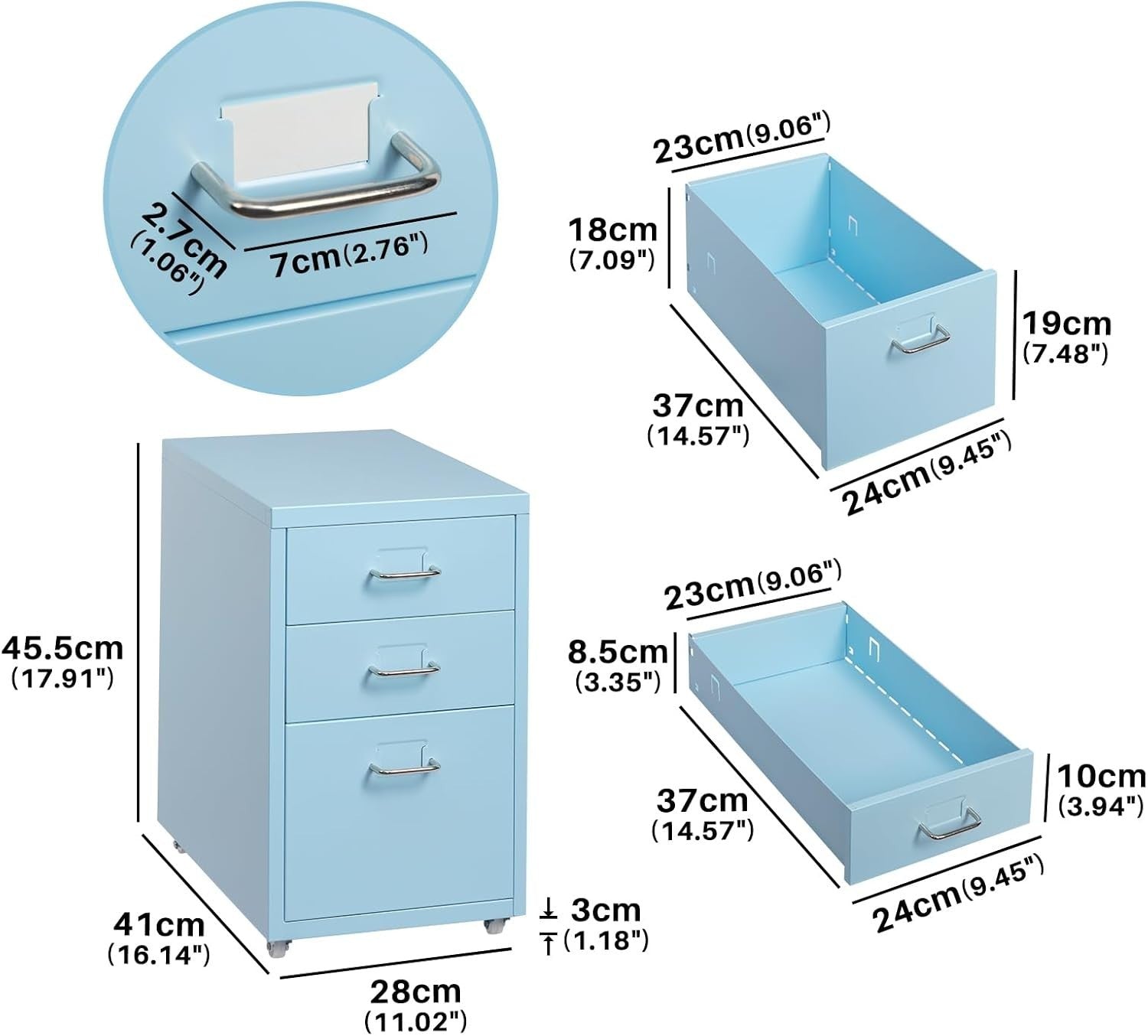 Light Blue Metal Rolling Drawer Unit 3 Tier Under Desk File Storage