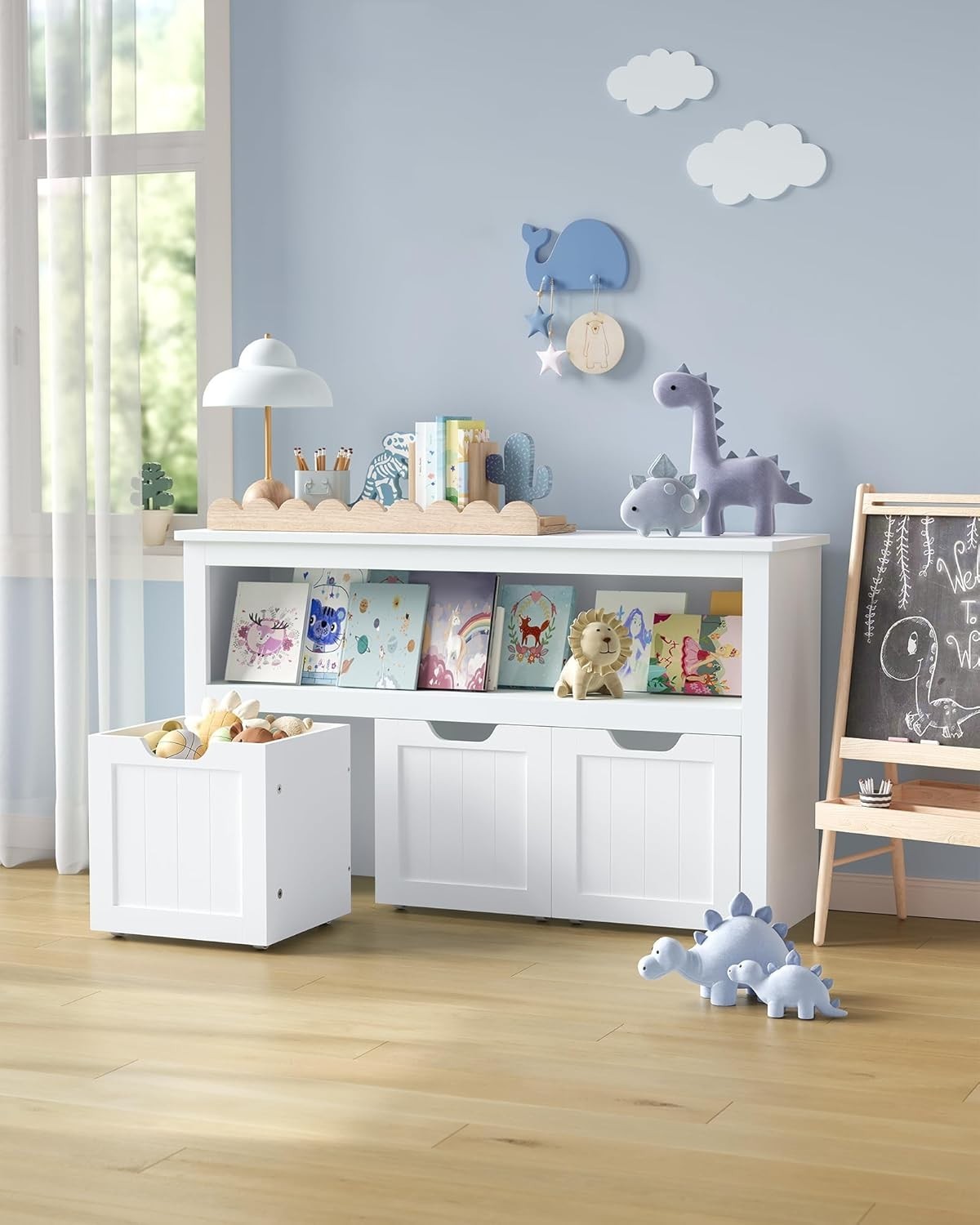 White Kids Toy Storage Cabinet with Wheels – 3 Drawer Bookcase Unit
