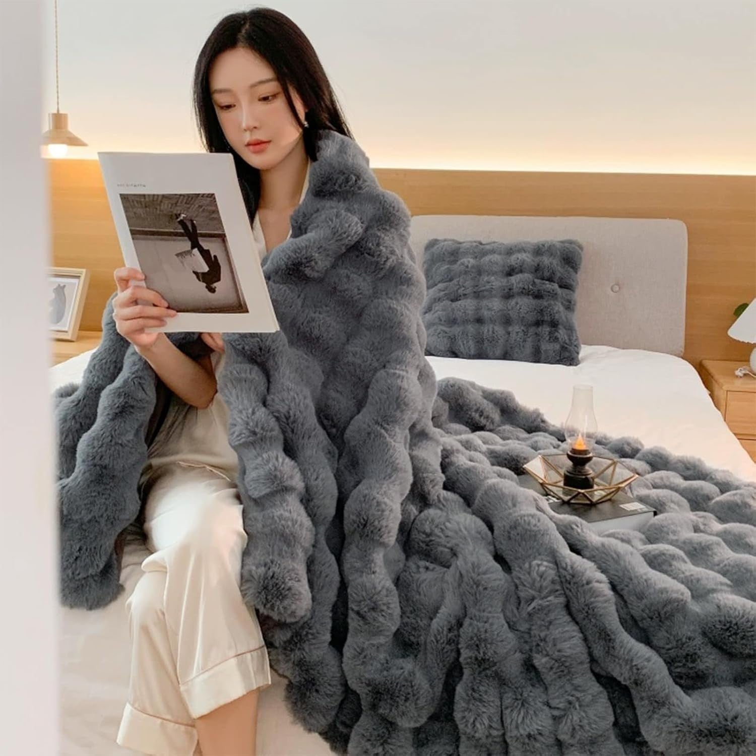 Grey Faux Rabbit Fur Throw Blanket 100x160cm 720GSM Soft & Warm for Sofa